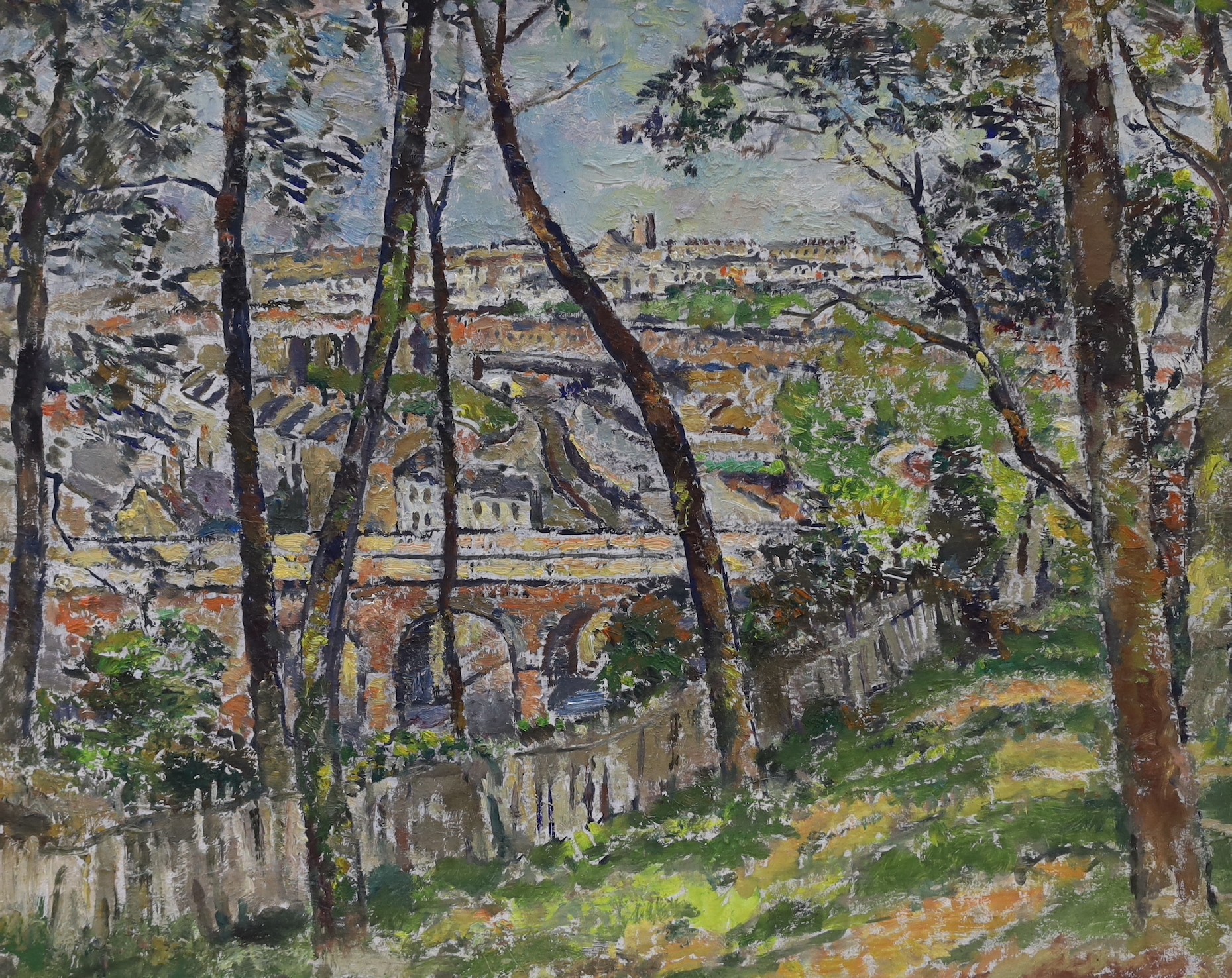 Vincent Lines (1909-1968), oil on board, View over Linton Road, Hastings, label verso, 50 x 60cm